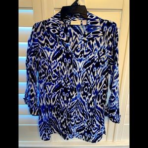 Chicos, bright, blue ,black and white Ikat print blouse. Be in style in Ikat!